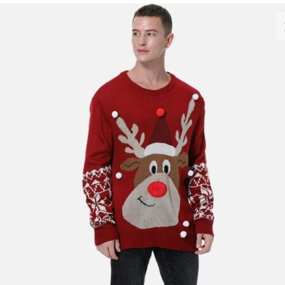 Christmas Sweater Nordic Reindeer Pom Poms Fuzzy Red Nose Thick Unisex Adult 2XL - Picture 12 of 16